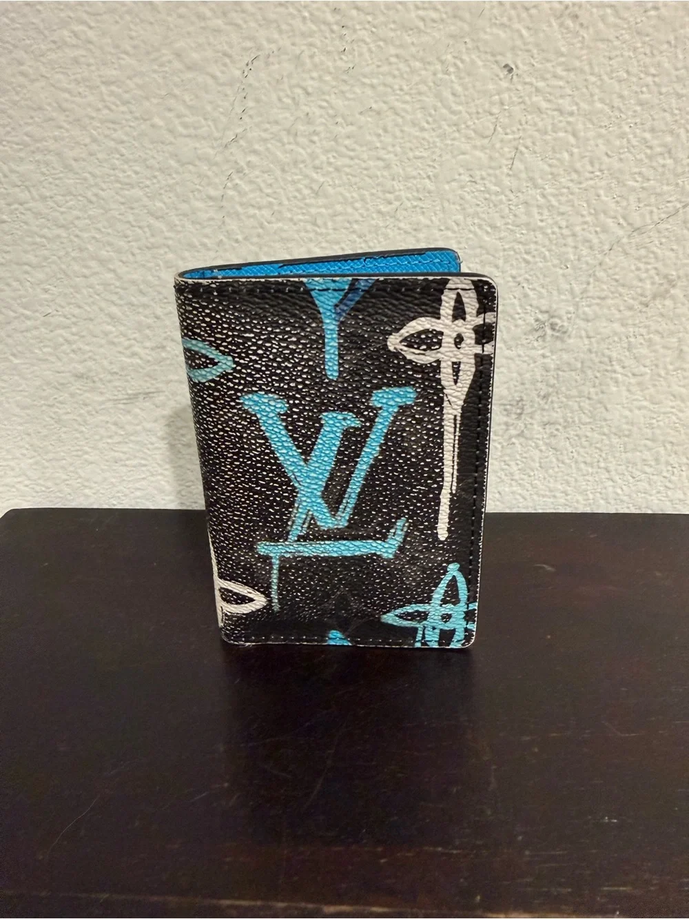 Louis Vuitton Black Card Holder with Blue and White Graffiti